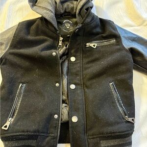 Urban Republic Kids Jacket Small Black Faux Leather Sleeves Gray Hood Bomber